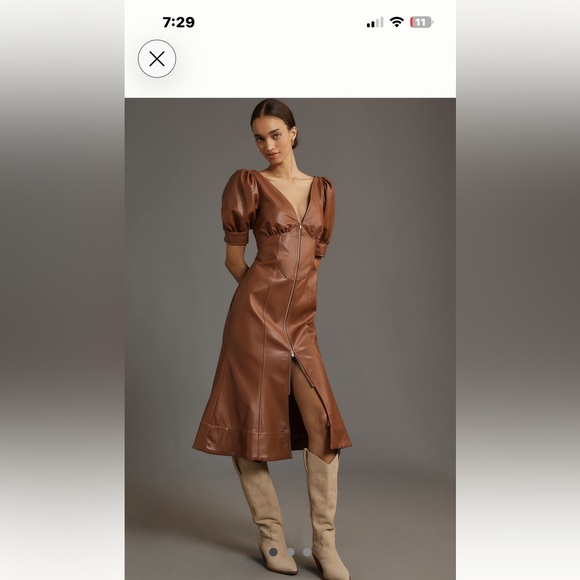 Anthropologie Dresses & Skirts - Anthropologie Faux-Leather Puff-Sleeve Zip-Front Midi Dress In Brown NWT